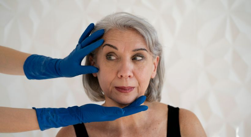 woman getting her face examined