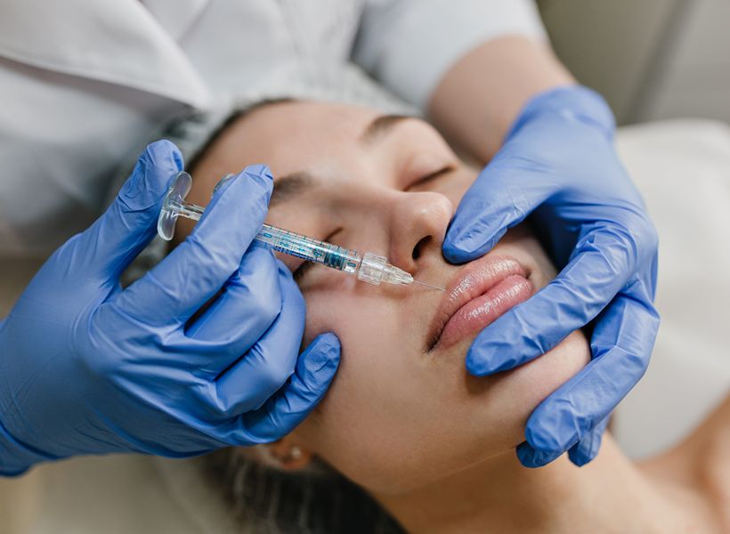 Cosmetic practitioner injecting filler into woman’s lips during non-surgical aesthetic treatment